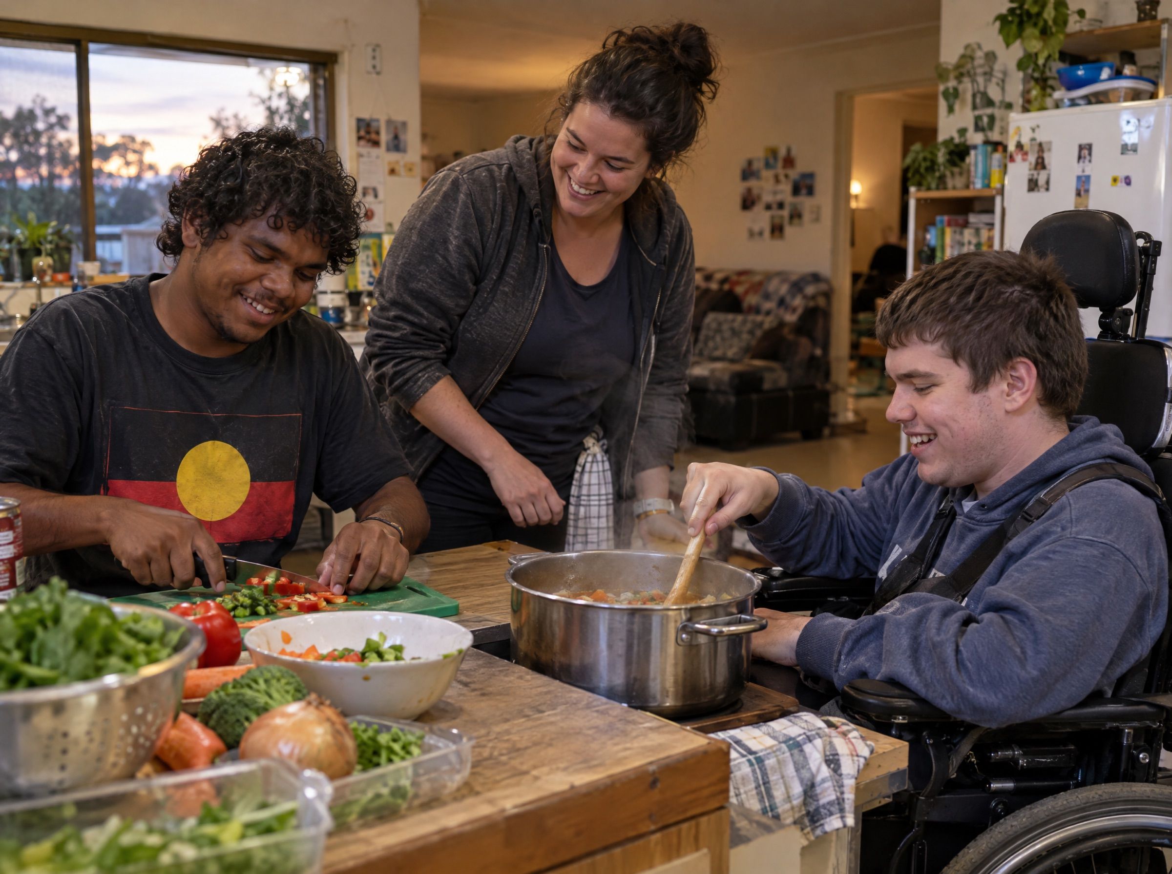 Two housemates cooking dinner together in a shared kitchen, one in a wheelchair stirring a pot, with a support worker.