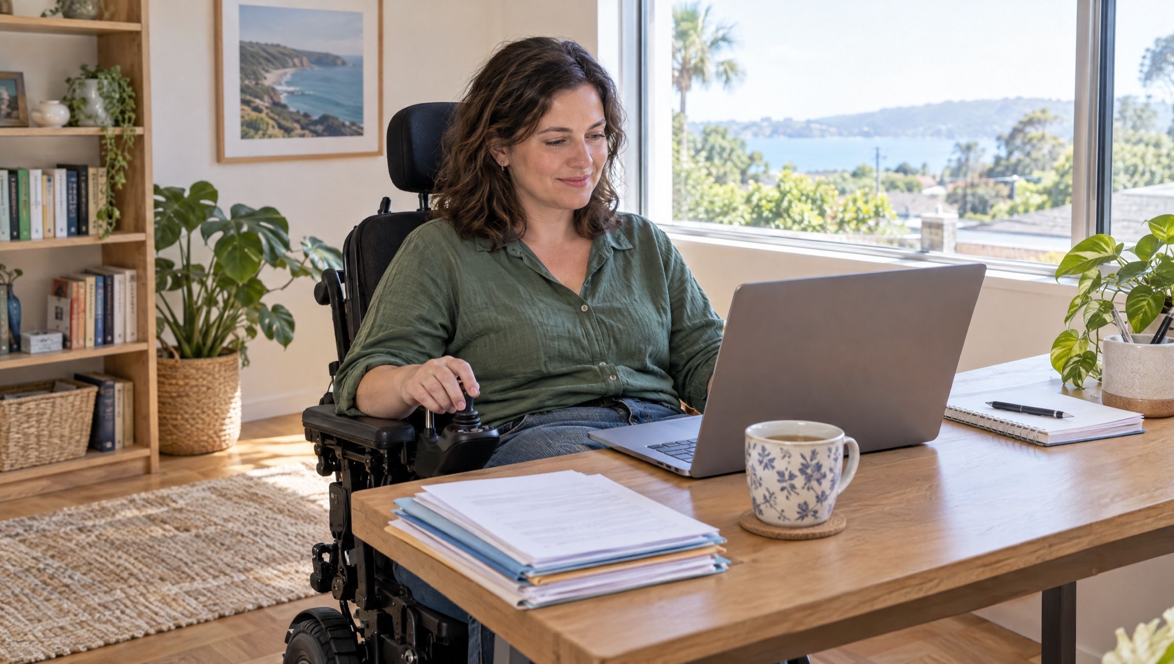 A woman in a power wheelchair checking invoices on a laptop at her desk at home.