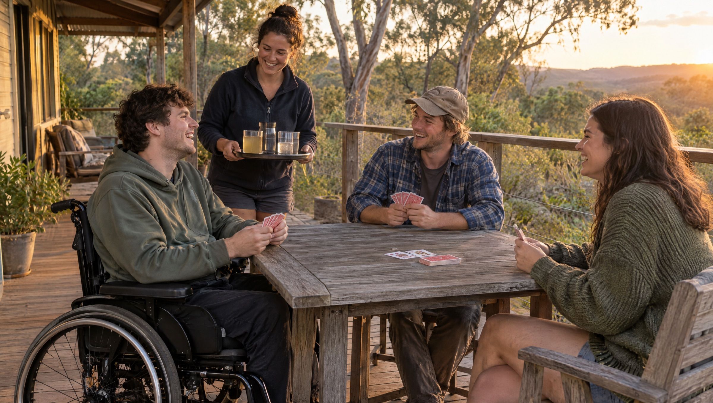 Friends playing cards on the verandah of a holiday house while a support worker brings drinks.