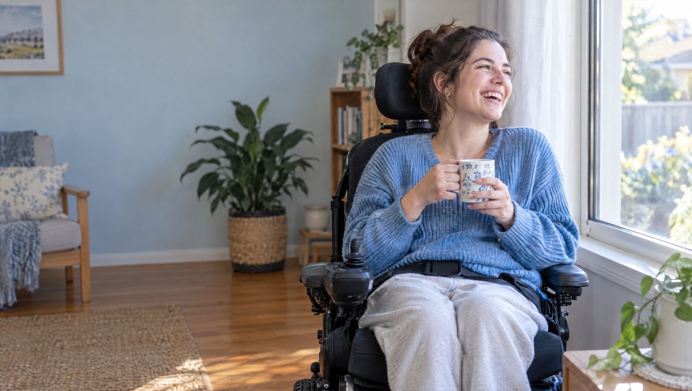 A young woman in a power wheelchair laughing beside a sunny window at home, holding a mug.