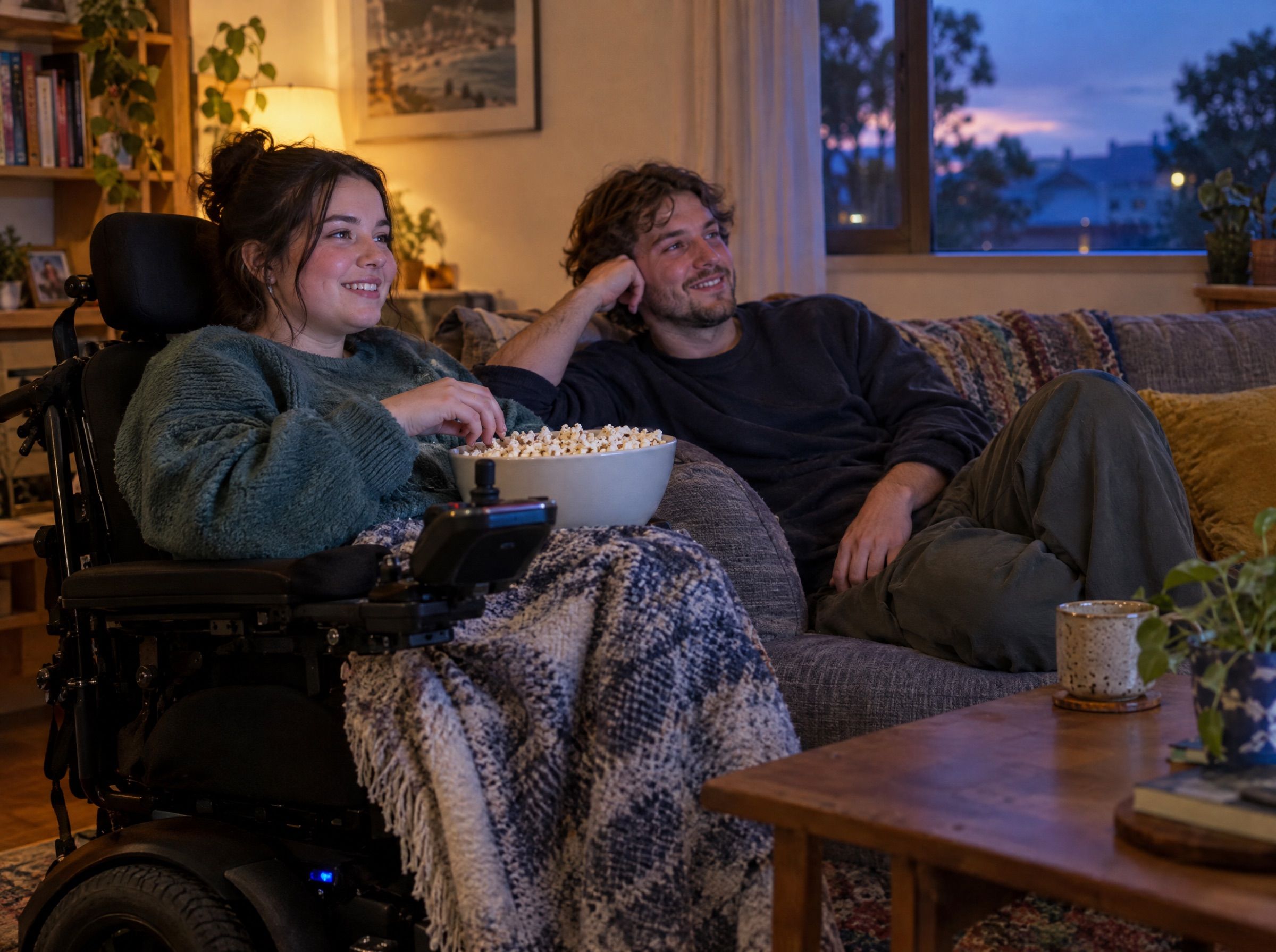Housemates relaxing in the lounge room in the evening, sharing popcorn in front of a movie.