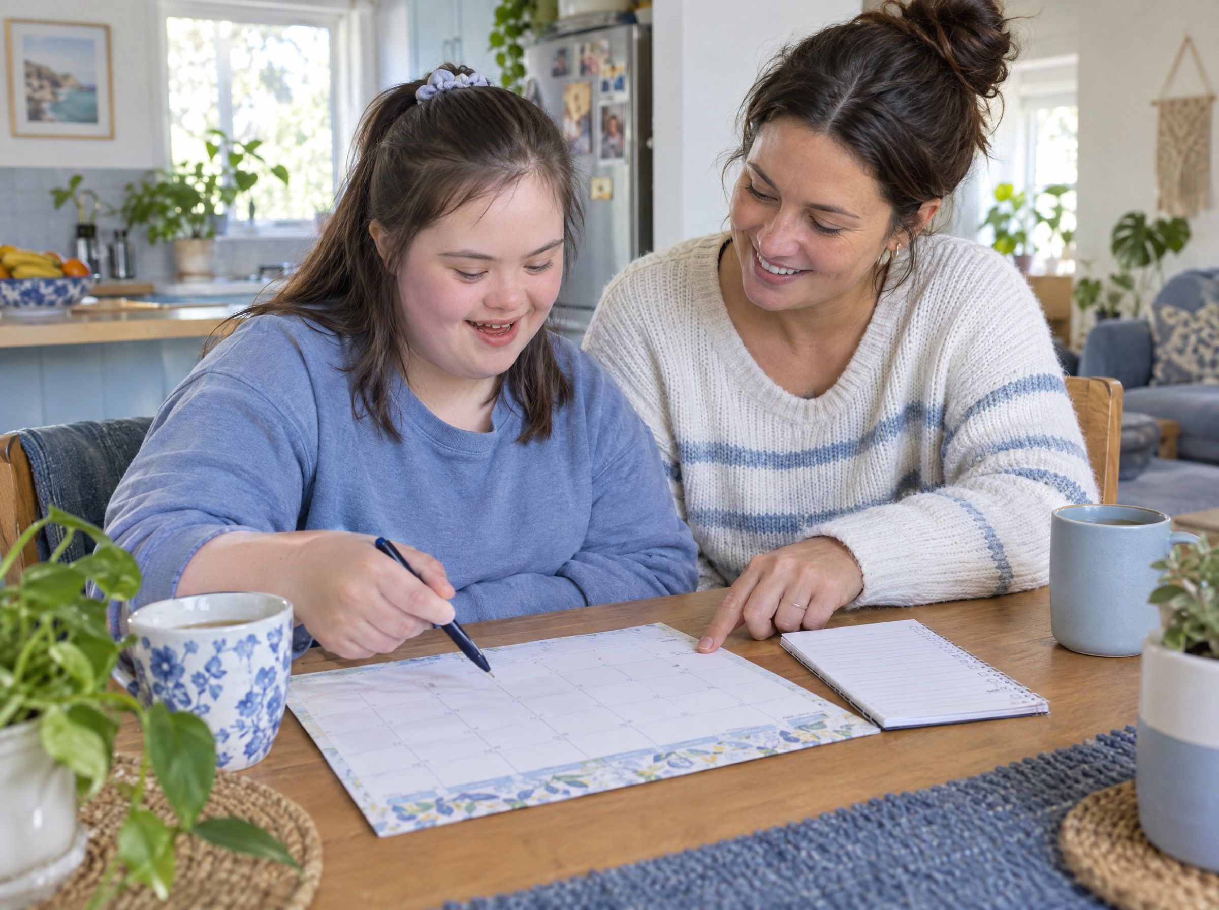A young woman with Down syndrome writing on a weekly planner at the kitchen table with a support worker.